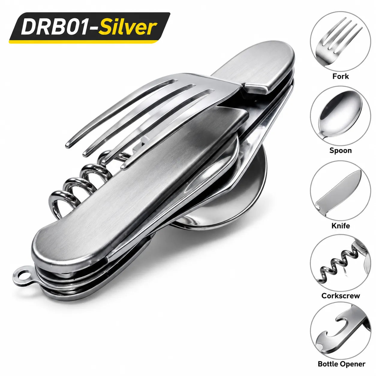 6 in 1 Folding Camping Utensil Set with Spoon, Fork & Knife-DRB01-Silver