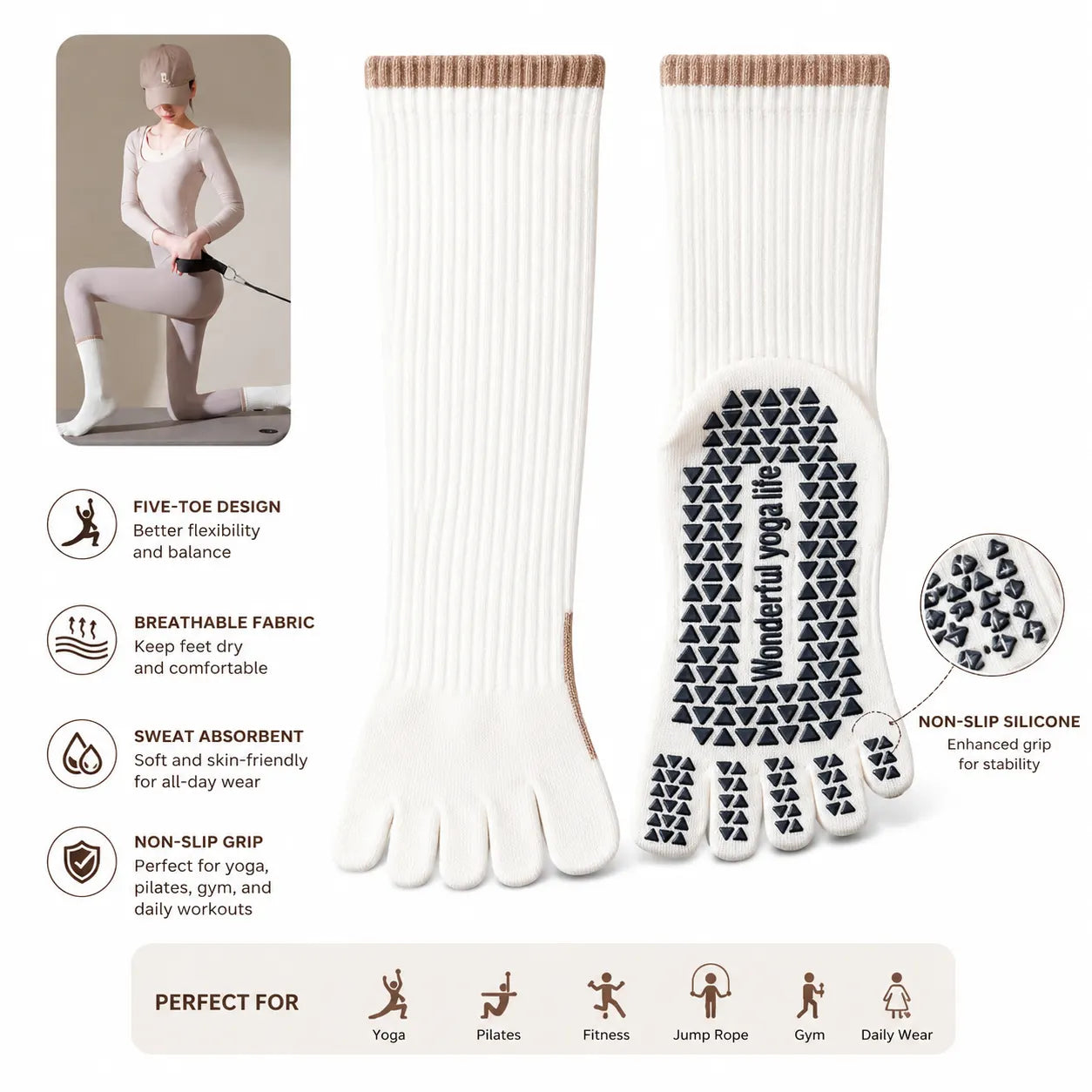 Women’s Five-Finger Yoga Socks – Non-Slip Mid-Calf