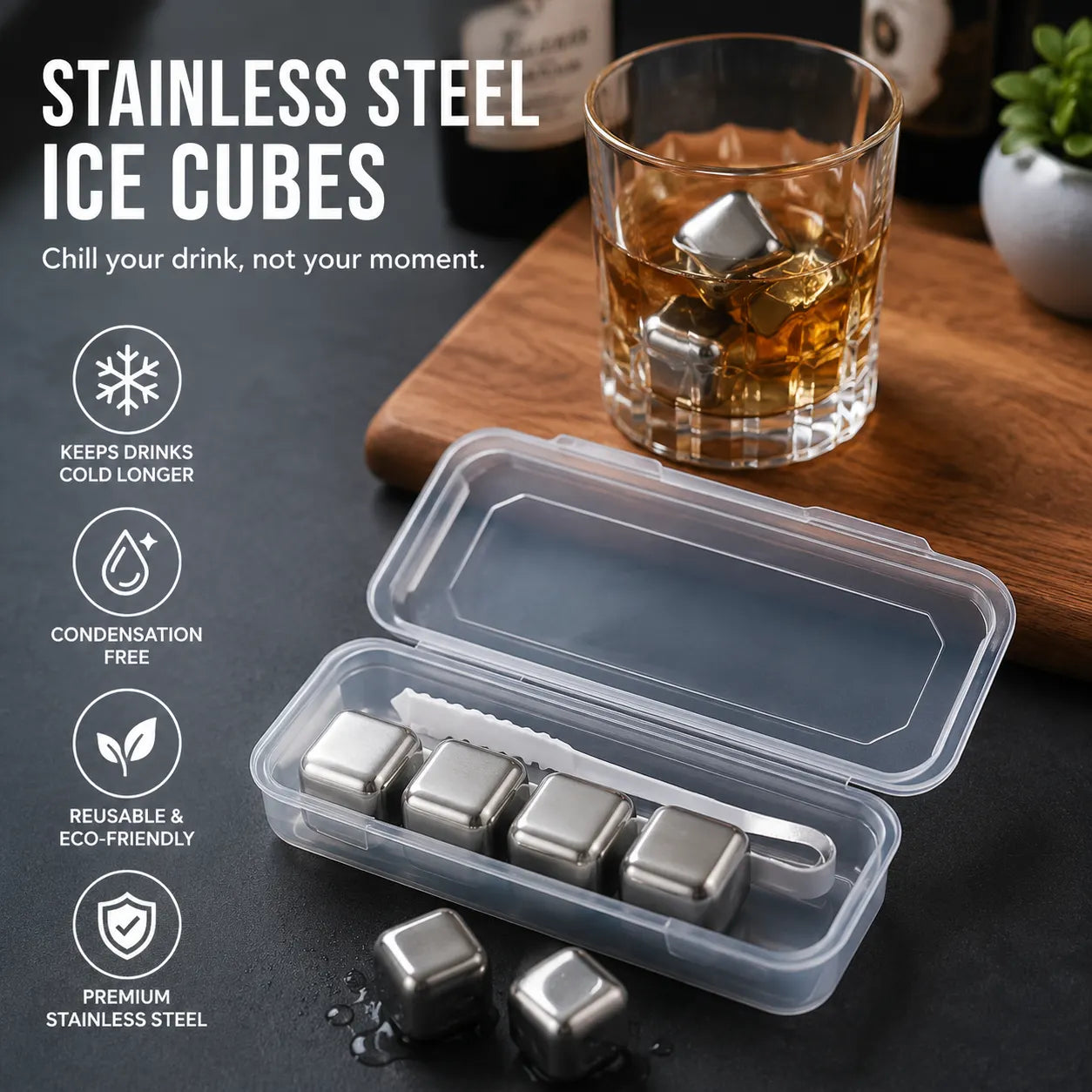 Stainless Steel Ice Cubes Set – 4pcs Pack