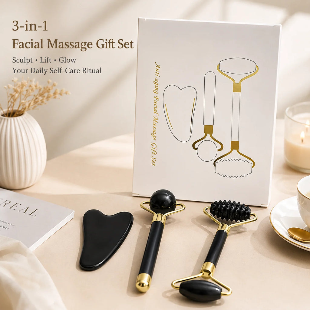 3PCS Jade Roller & Gua Sha Set with  Gift Box-Black