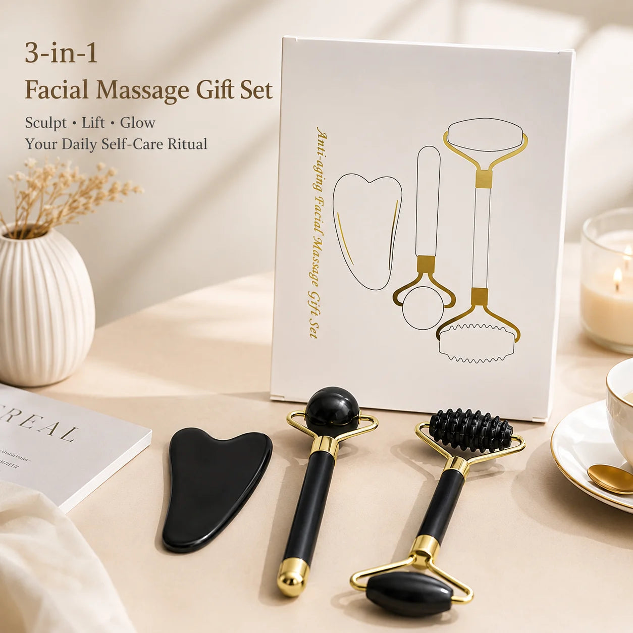 3PCS Jade Roller & Gua Sha Set with  Gift Box-Black