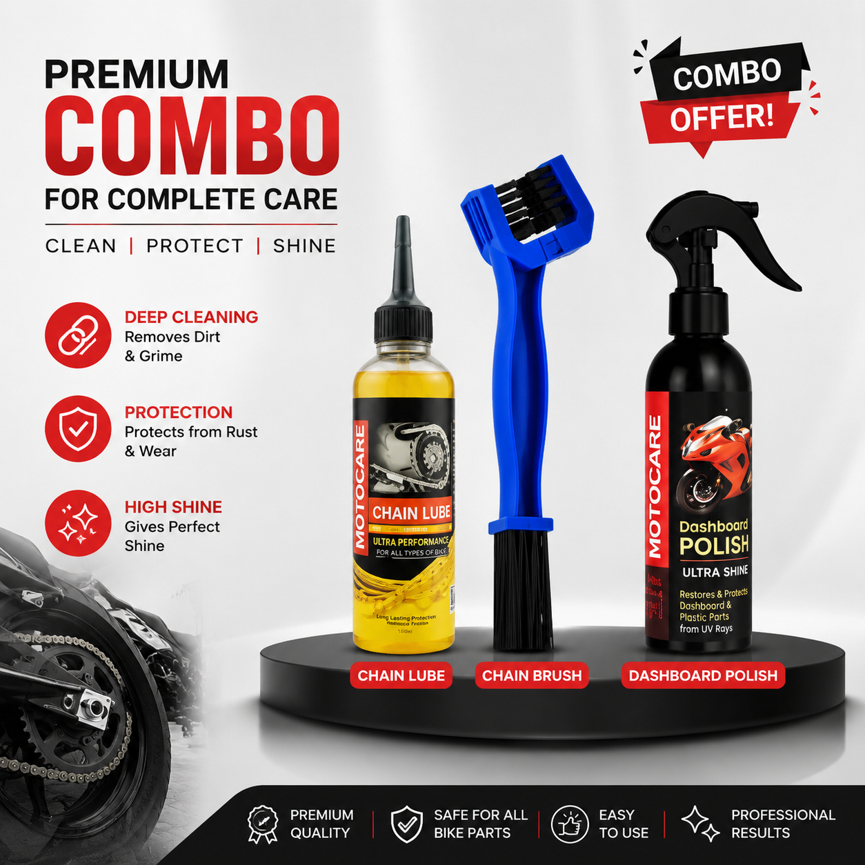 Motocare Dashboard, Chain Lube, chain Brush Combo-2 for Bike