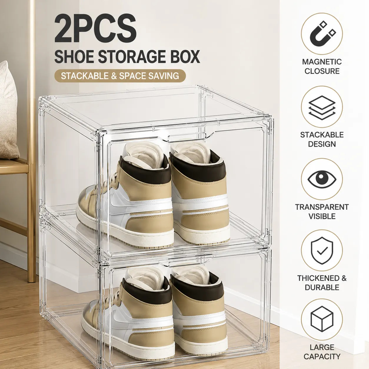 Stackable Shoe Organizer Box with Magnetic Door