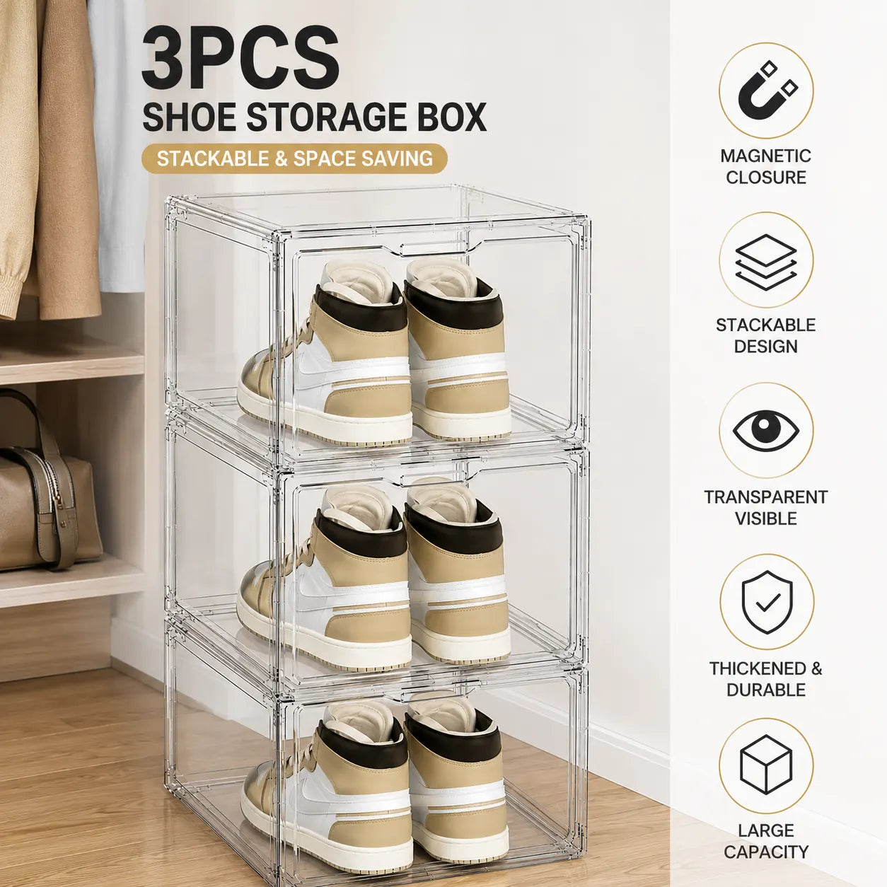 Stackable Shoe Organizer Box with Magnetic Door