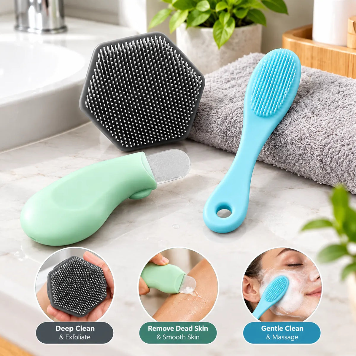 3-in-1 Silicone Body Scrubber & Exfoliating Cleaning Brush Set