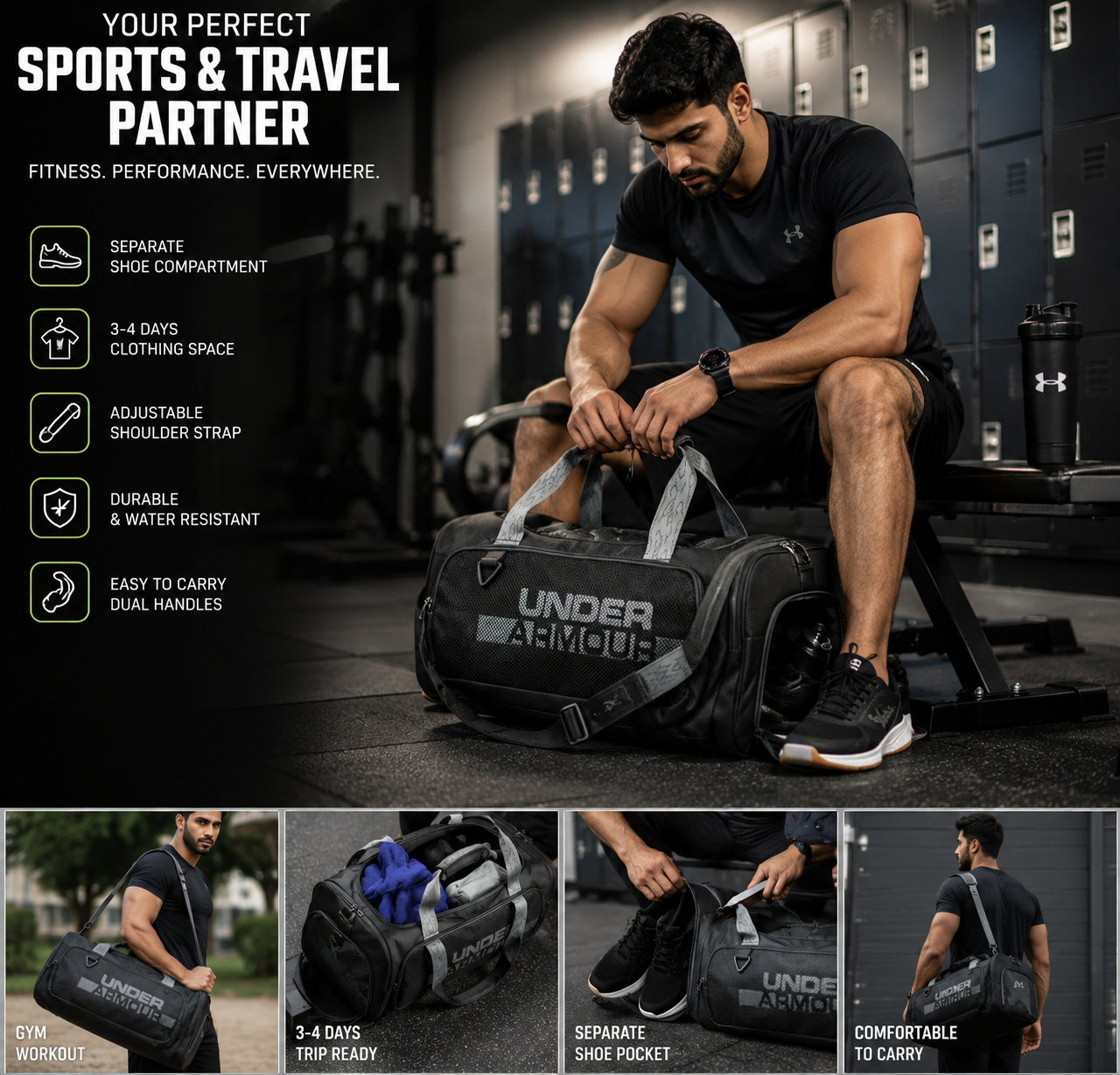 Waterproof Oxford Sports Duffel Bag with Shoe Compartment for Gym, Travel & Outdoor Use