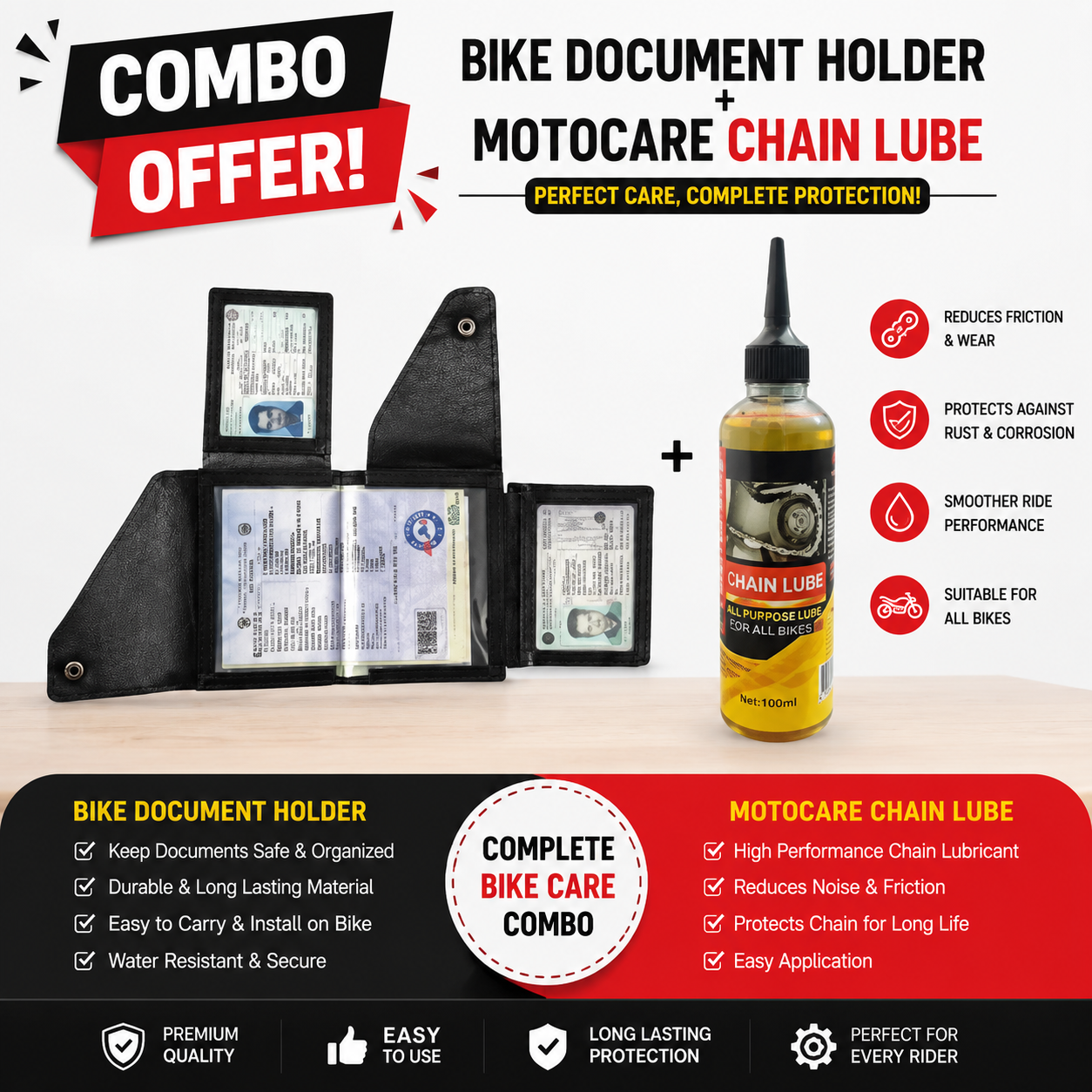Bike Documents holder+Motocare Chain Lube-200ML, Combo-8