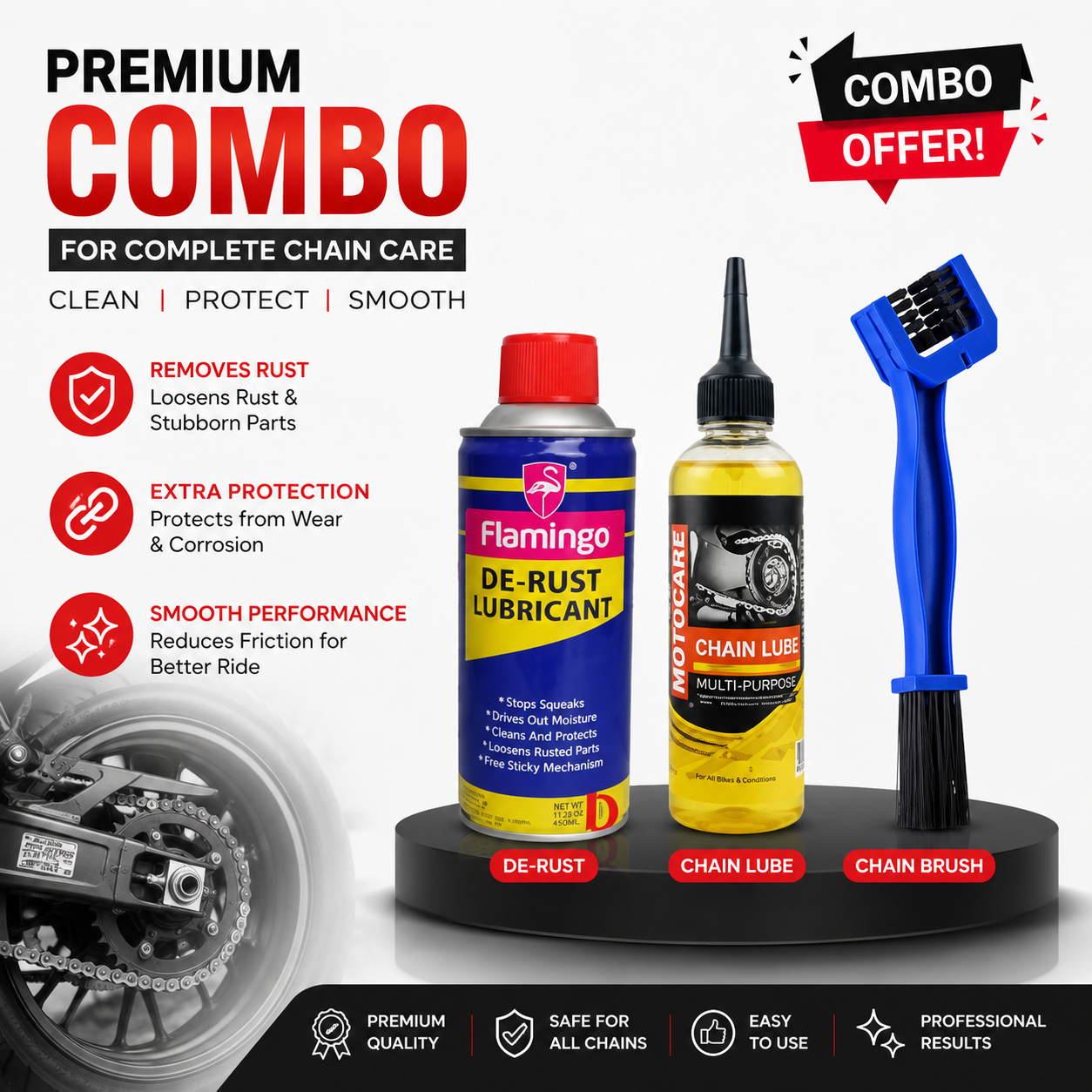 Motocare chain lube, De-rust, chain Brush combo for Bike