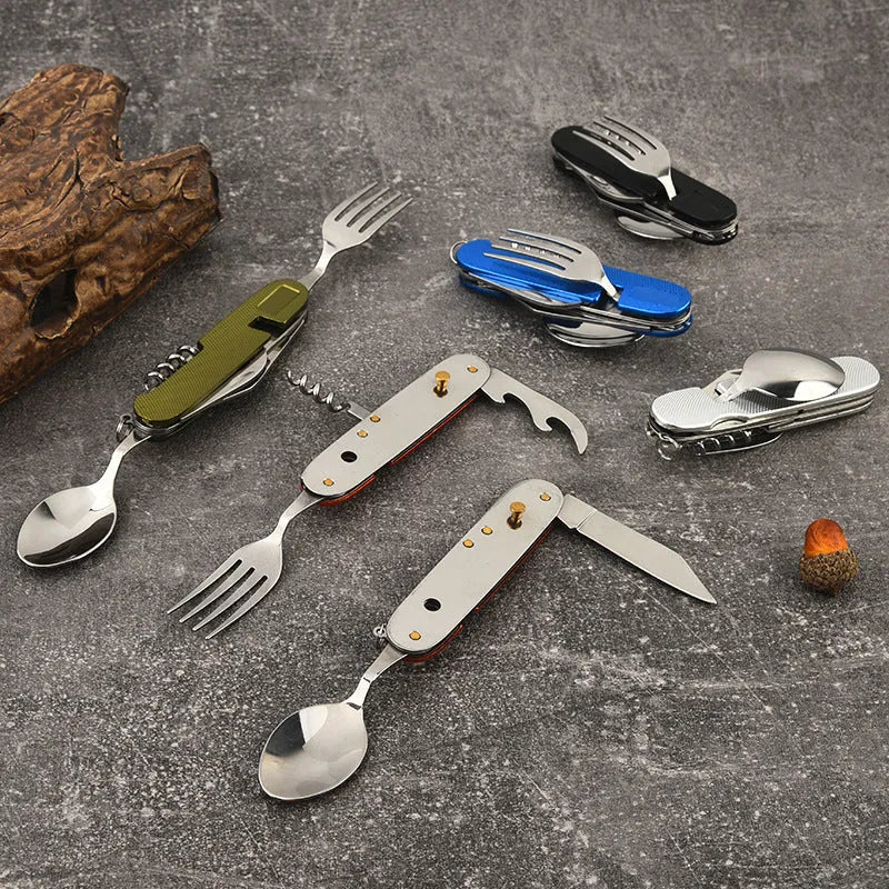 6-in-1 Foldable Stainless Steel Camping Cutlery Set-DRB02-black